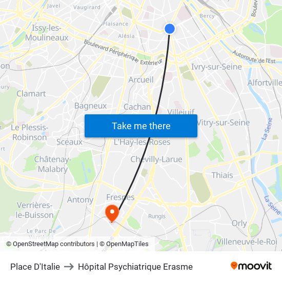 Place D'Italie to Hôpital Psychiatrique Erasme map
