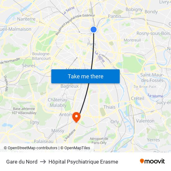Gare du Nord to Hôpital Psychiatrique Erasme map