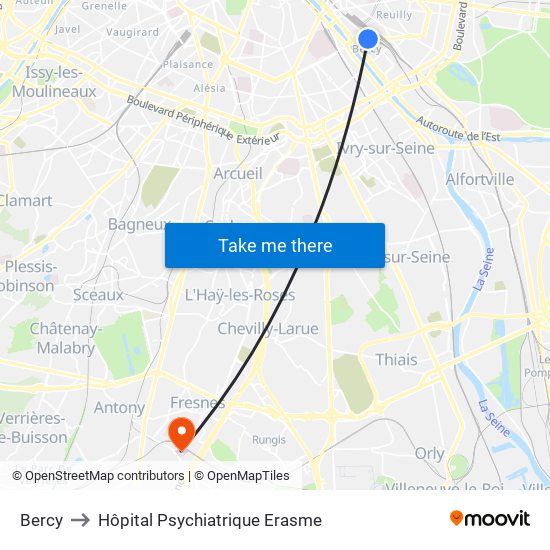 Bercy to Hôpital Psychiatrique Erasme map