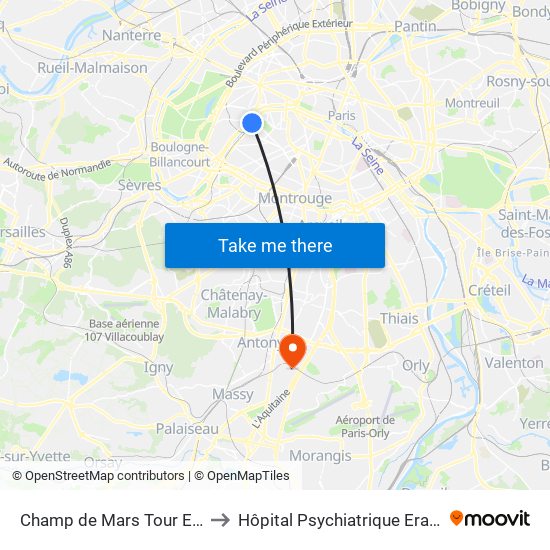 Champ de Mars Tour Eiffel to Hôpital Psychiatrique Erasme map