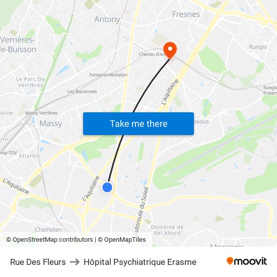Rue Des Fleurs to Hôpital Psychiatrique Erasme map