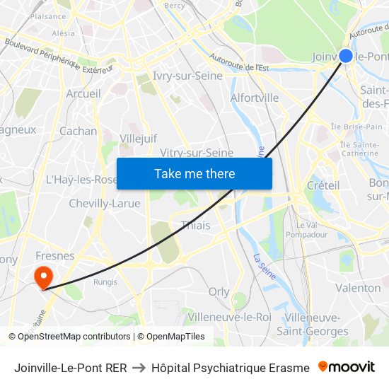 Joinville-Le-Pont RER to Hôpital Psychiatrique Erasme map