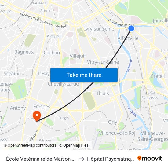École Vétérinaire de Maisons-Alfort - Métro to Hôpital Psychiatrique Erasme map