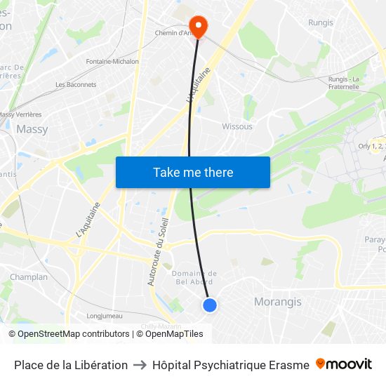 Place de la Libération to Hôpital Psychiatrique Erasme map