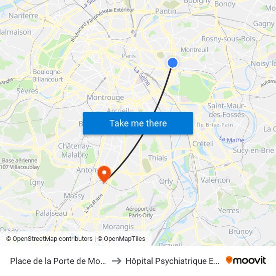 Place de la Porte de Montreuil to Hôpital Psychiatrique Erasme map
