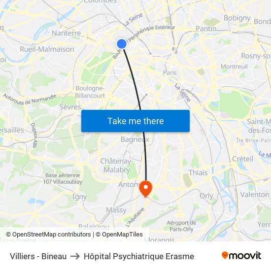 Villiers - Bineau to Hôpital Psychiatrique Erasme map