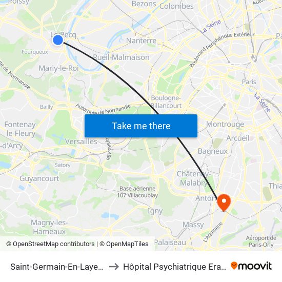 Saint-Germain-En-Laye RER to Hôpital Psychiatrique Erasme map