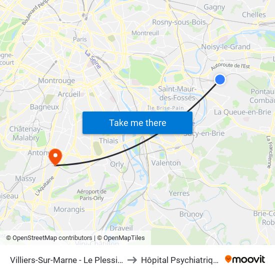 Villiers-Sur-Marne - Le Plessis-Trévise RER to Hôpital Psychiatrique Erasme map