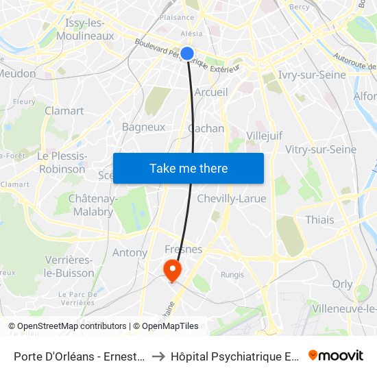 Porte D'Orléans - Ernest Reyer to Hôpital Psychiatrique Erasme map