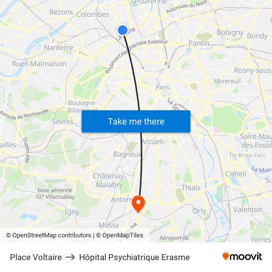 Place Voltaire to Hôpital Psychiatrique Erasme map