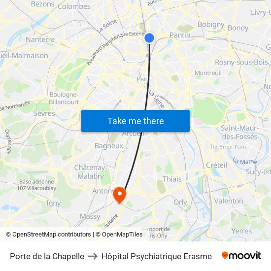 Porte de la Chapelle to Hôpital Psychiatrique Erasme map