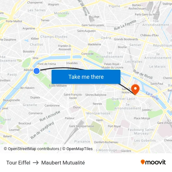 Eiffel Tower to Maubert Mutualité map