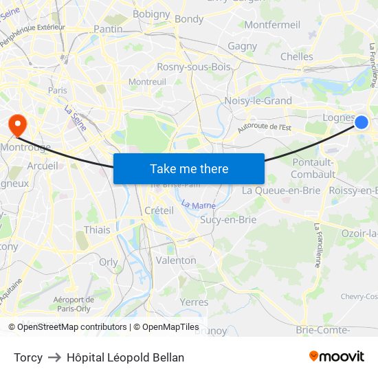 Torcy to Hôpital Léopold Bellan map