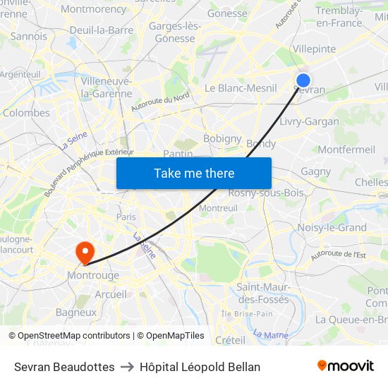 Sevran Beaudottes to Hôpital Léopold Bellan map