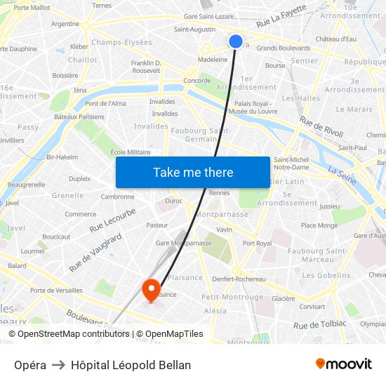 Opéra to Hôpital Léopold Bellan map