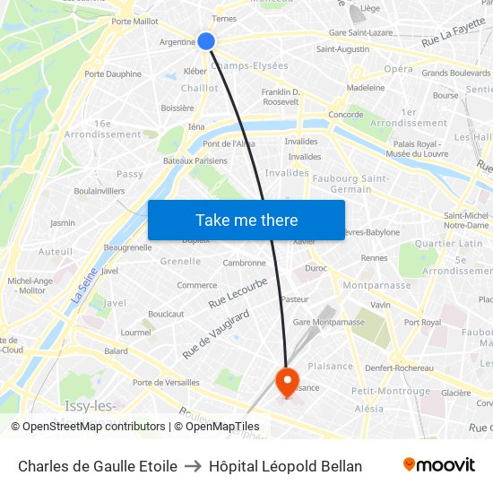 Charles de Gaulle Etoile to Hôpital Léopold Bellan map