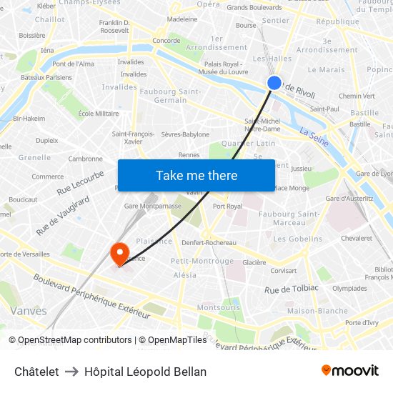 Châtelet to Hôpital Léopold Bellan map