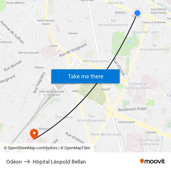 Odéon to Hôpital Léopold Bellan map