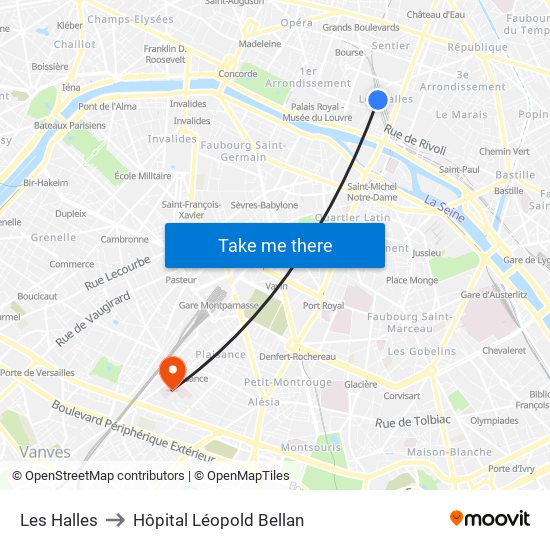 Les Halles to Hôpital Léopold Bellan map