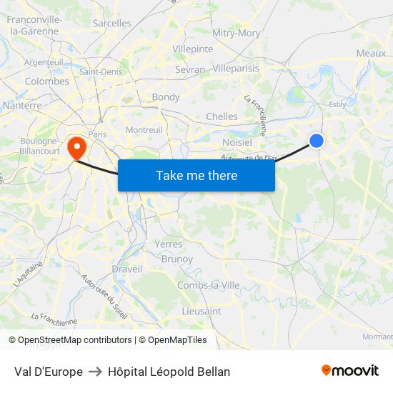 Val D'Europe to Hôpital Léopold Bellan map