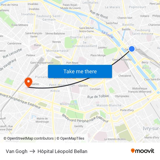 Van Gogh to Hôpital Léopold Bellan map