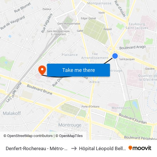 Denfert-Rochereau - Métro-Rer to Hôpital Léopold Bellan map