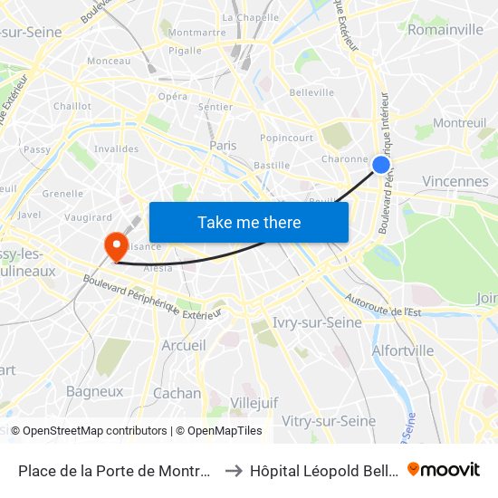 Place de la Porte de Montreuil to Hôpital Léopold Bellan map