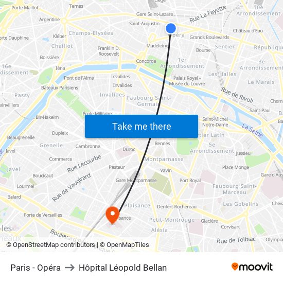 Paris - Opéra to Hôpital Léopold Bellan map