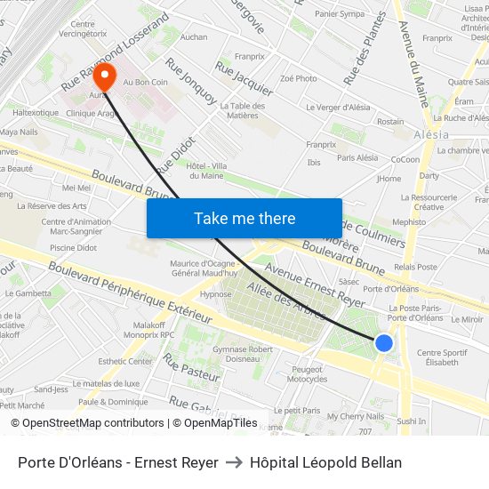 Porte D'Orléans - Ernest Reyer to Hôpital Léopold Bellan map