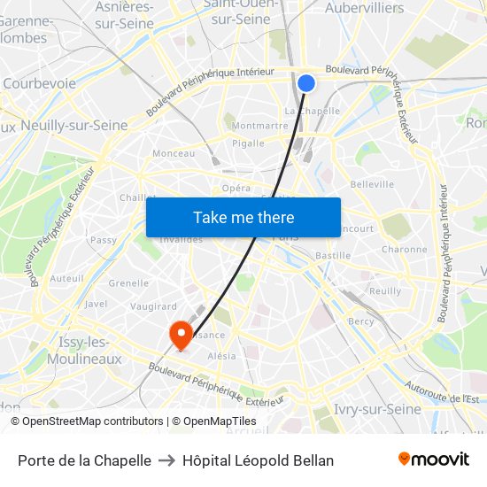 Porte de la Chapelle to Hôpital Léopold Bellan map