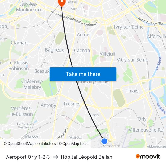 Aéroport Orly 1-2-3 to Hôpital Léopold Bellan map