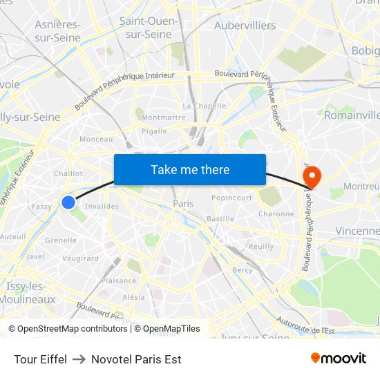 Eiffel Tower to Novotel Paris Est map