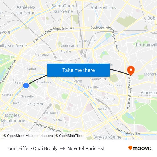 Tourr Eiffel - Quai Branly to Novotel Paris Est map