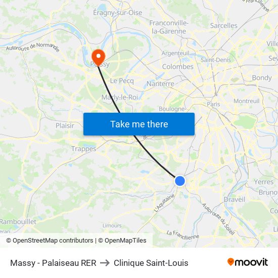 Massy - Palaiseau RER to Clinique Saint-Louis map