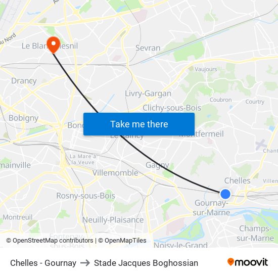 Chelles - Gournay to Stade Jacques Boghossian map