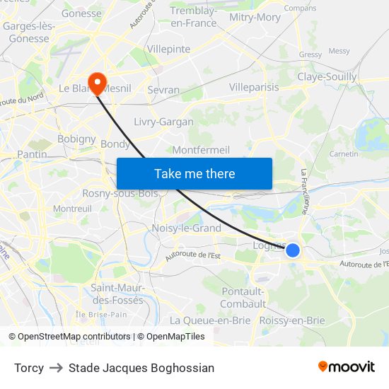 Torcy to Stade Jacques Boghossian map