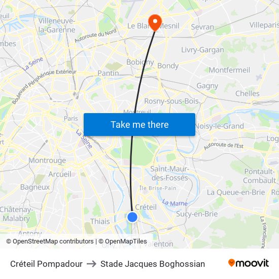 Créteil Pompadour to Stade Jacques Boghossian map