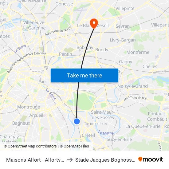 Maisons-Alfort - Alfortville to Stade Jacques Boghossian map