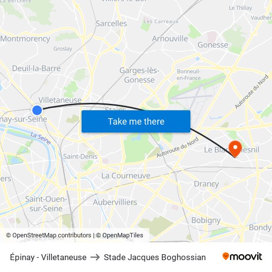Épinay - Villetaneuse to Stade Jacques Boghossian map