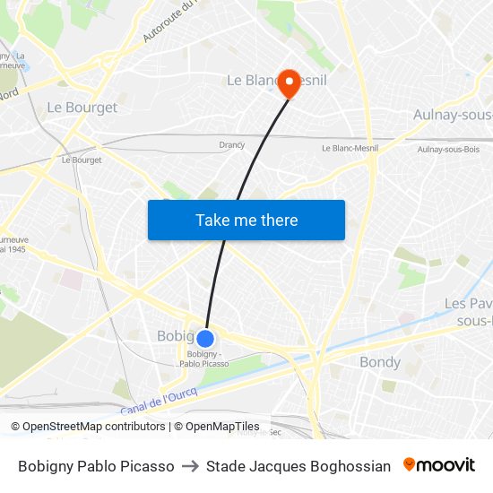 Bobigny Pablo Picasso to Stade Jacques Boghossian map