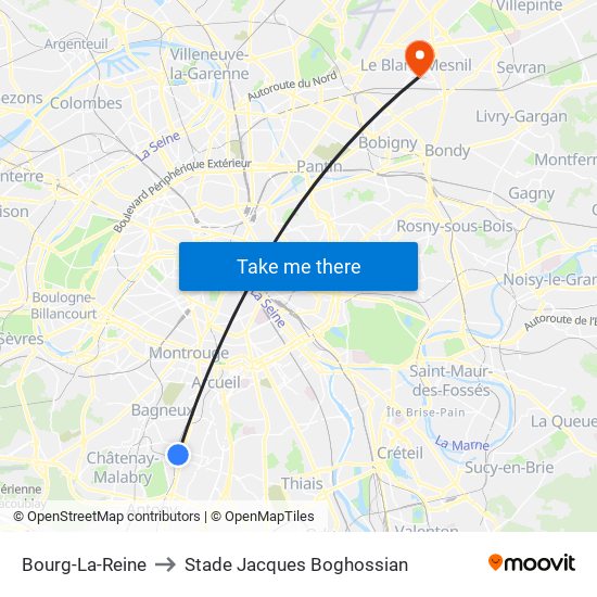 Bourg-La-Reine to Stade Jacques Boghossian map