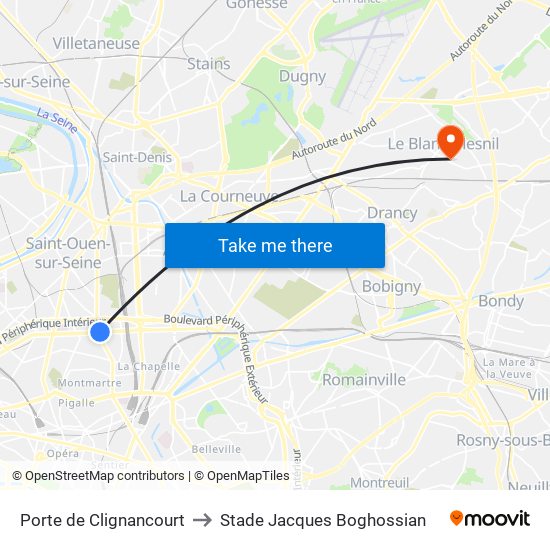 Porte de Clignancourt to Stade Jacques Boghossian map