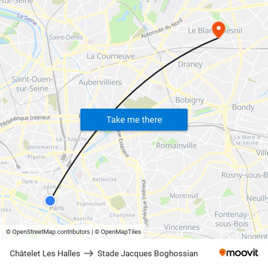 Châtelet Les Halles to Stade Jacques Boghossian map