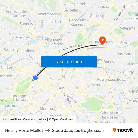 Neuilly Porte Maillot to Stade Jacques Boghossian map