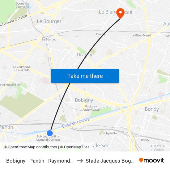 Bobigny - Pantin - Raymond Queneau to Stade Jacques Boghossian map