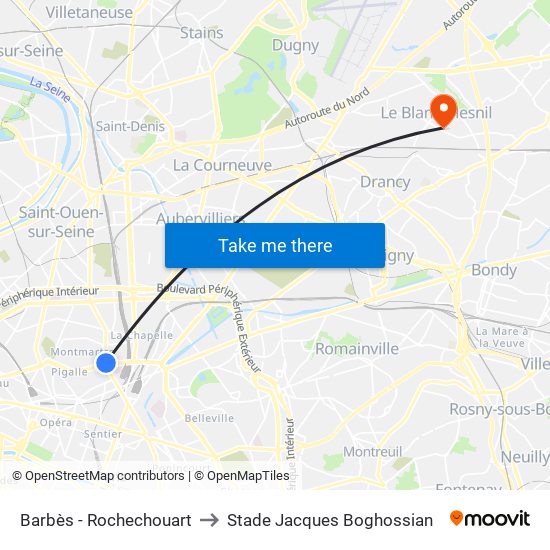 Barbès - Rochechouart to Stade Jacques Boghossian map