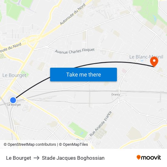 Le Bourget to Stade Jacques Boghossian map