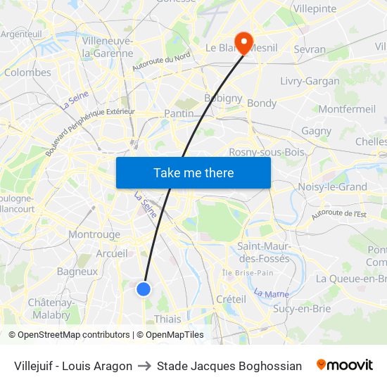 Villejuif - Louis Aragon to Stade Jacques Boghossian map