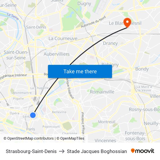 Strasbourg-Saint-Denis to Stade Jacques Boghossian map