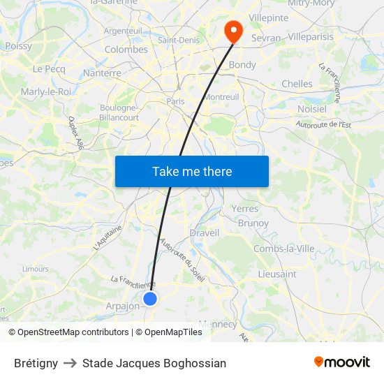 Brétigny to Stade Jacques Boghossian map
